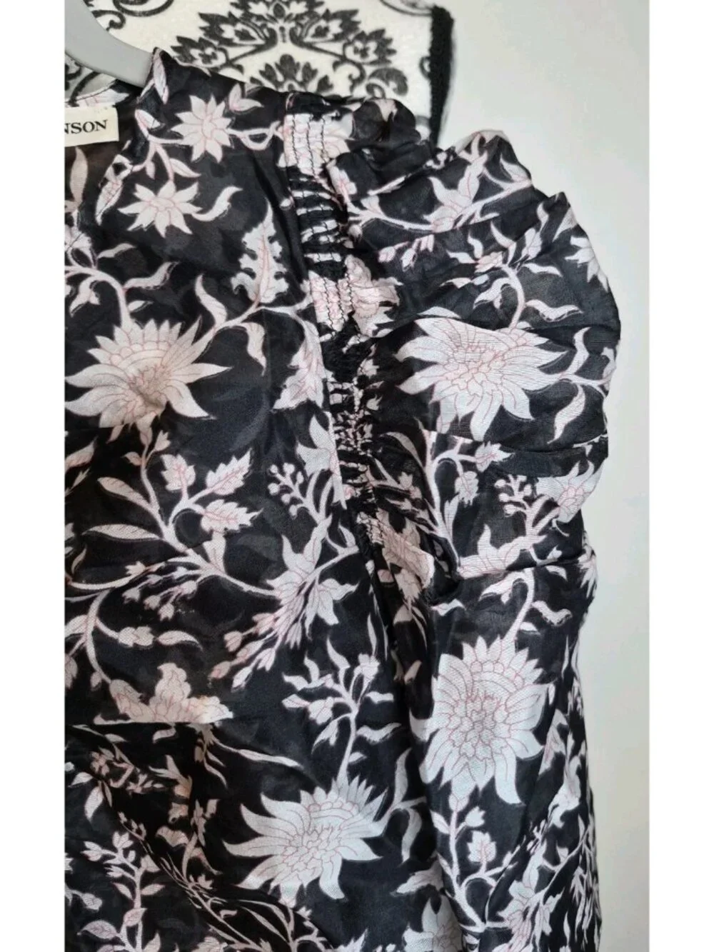 Ulla Johnson Posey Floral Silk Cotton Puff Sleeve Blouse Top Black White Sz 4
